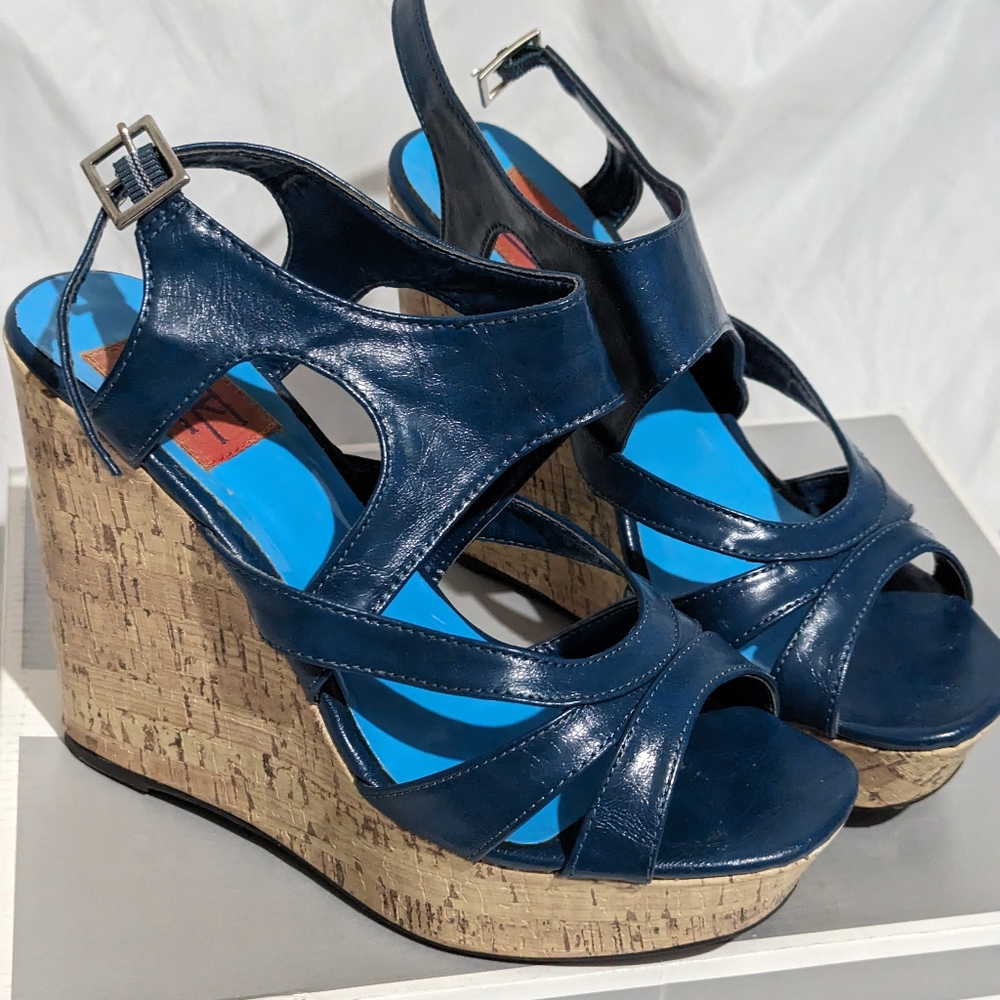 Blue wedge sandals